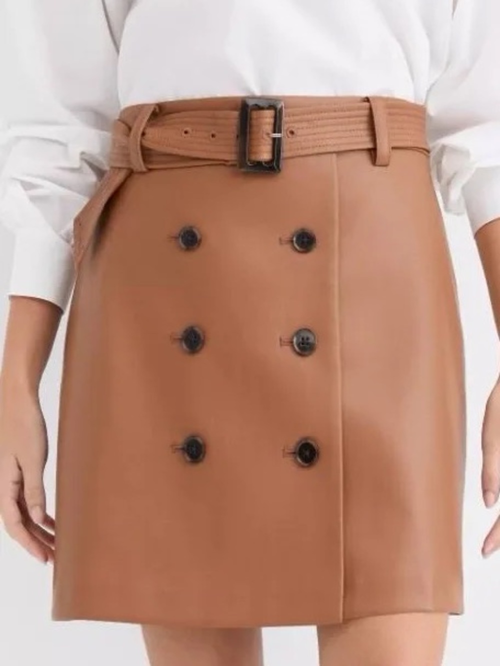 LOFT Tan Faux Leather Double-Breasted Mini Skirt with Belt